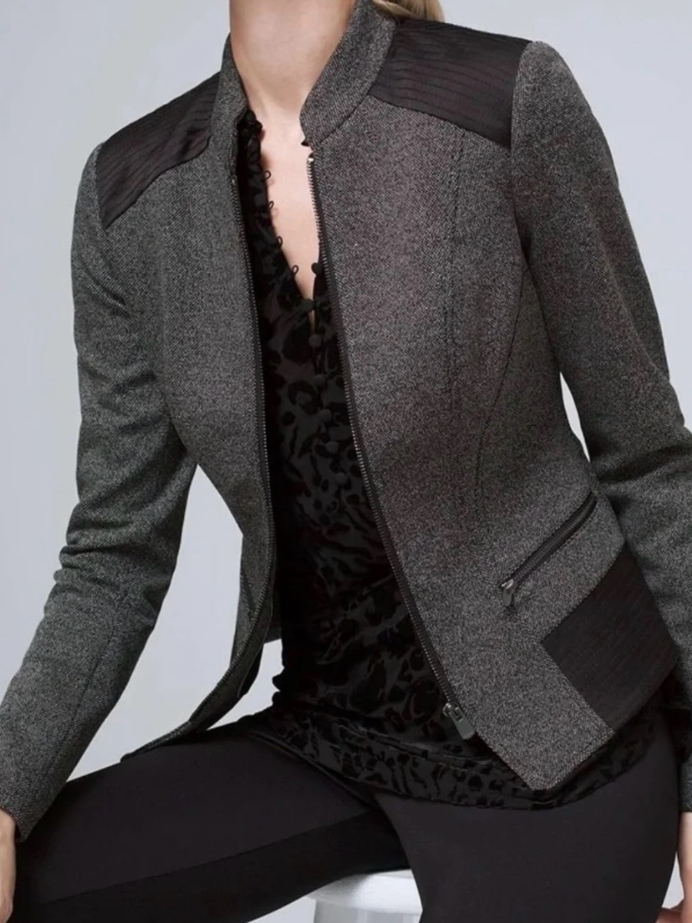 White House Black Market Trapunto Moto Jacket Black Gray Tweed Size 2P